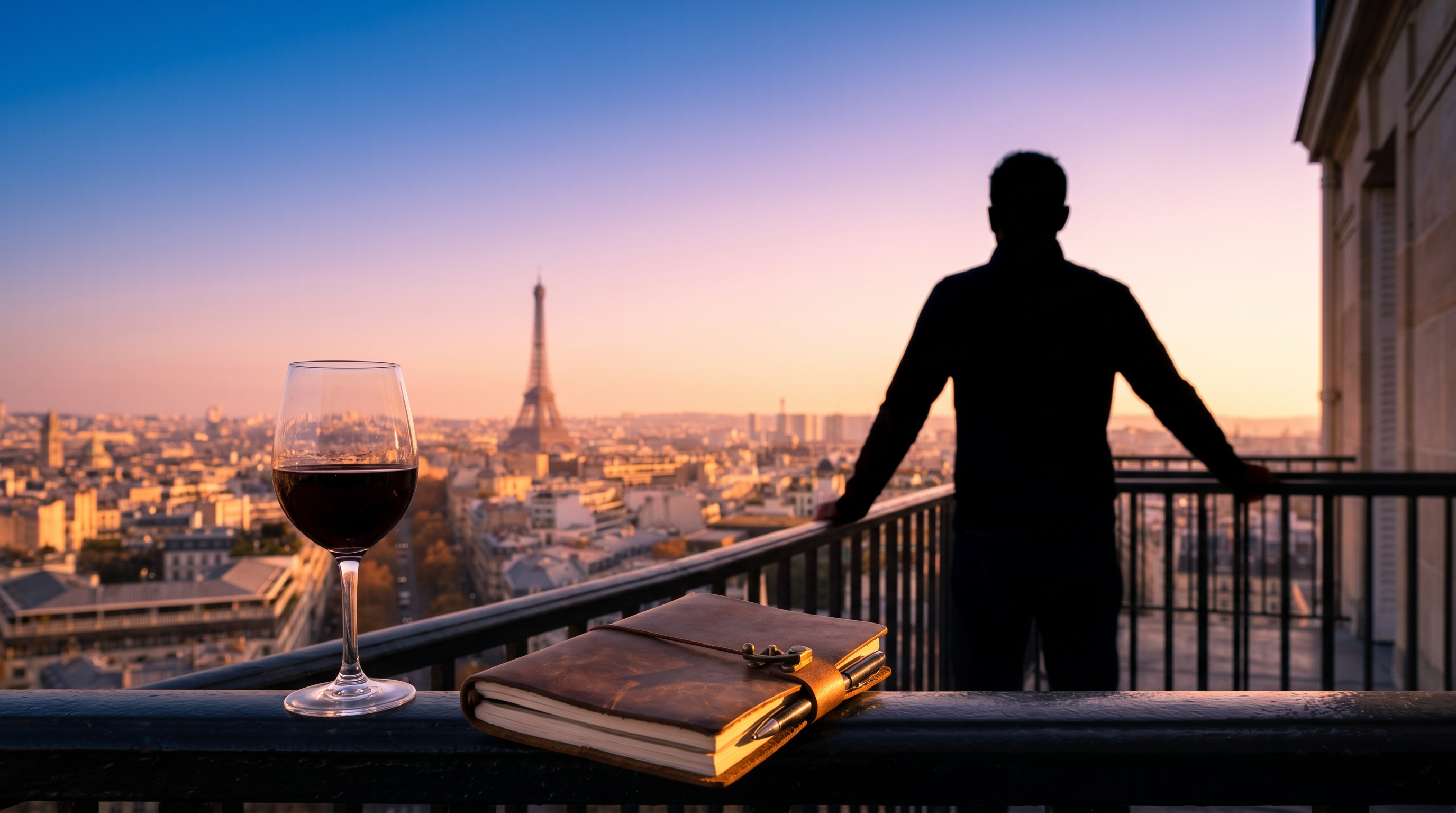 Traveler overlooking Paris at sunset